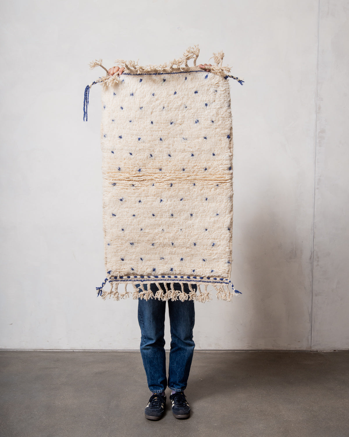 Modern, designer, handcrafted Berber rug from Morocco. Beniourain carpet with beautiful colours and patterns and fluffy wool texture.